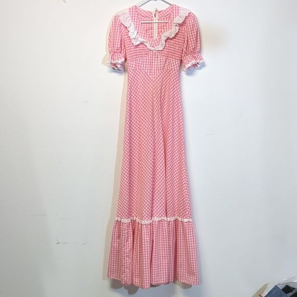 Vintage 1970s Pink White Gingham Ruffled Prairie Maxi Dress, Size XS - Picture 2 of 16